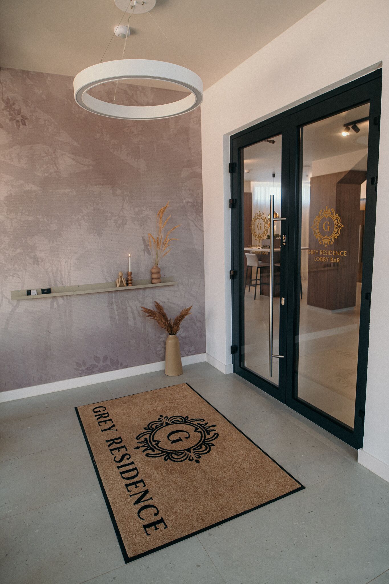 Intrarea cu covor personalizat si usi de sticla — Grey Residence, Drobeta-Turnu Severin